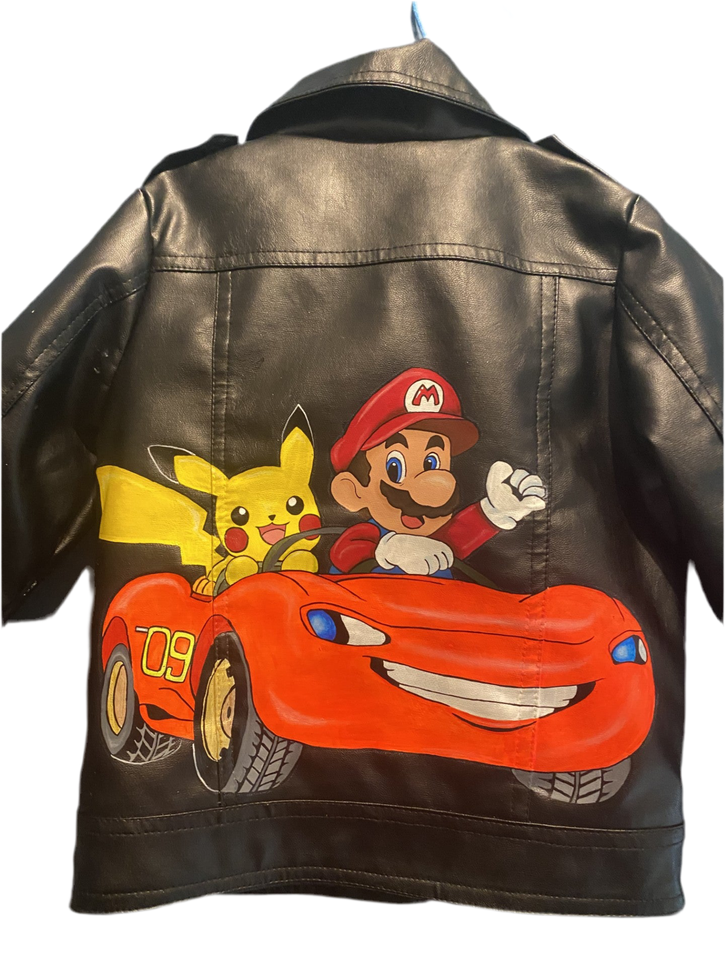 Giacca in Pelle/Ecopelle Personalizzata “Super Mario & Pikachu in Supercar”