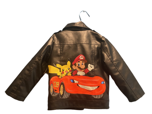 Giacca in Pelle/Ecopelle Personalizzata “Super Mario & Pikachu in Supercar”